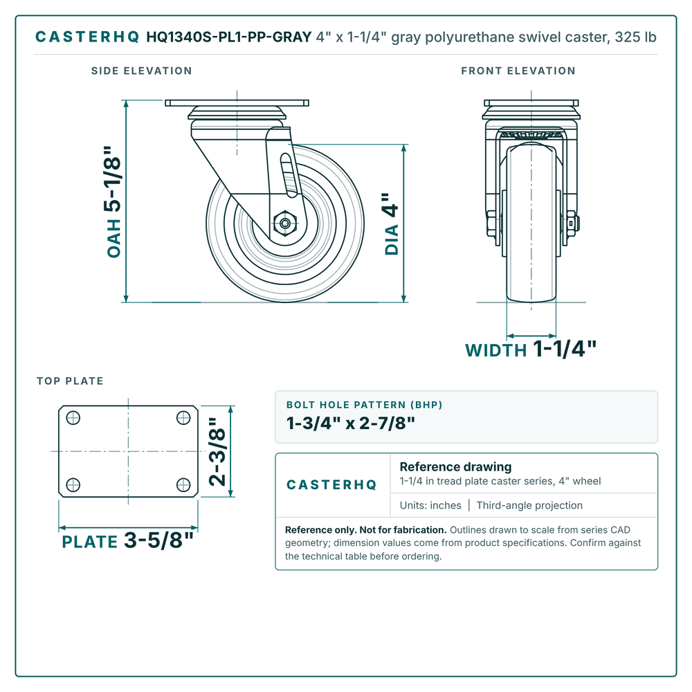 HQ1340S-PL1-PP-GRAY 4 x 1-1/4 in gray polyurethane swivel caster reference drawing, side, front and top plate views with dimensions