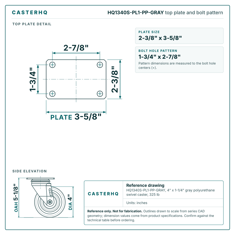 HQ1340S-PL1-PP-GRAY top plate bolt pattern drawing, 2-3/8 x 3-5/8 in plate, round bolt holes