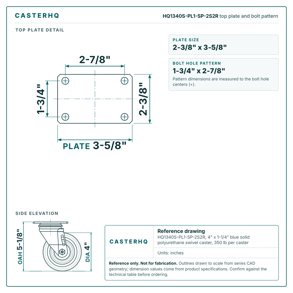 HQ1340S-PL1-SP-2S2R top plate bolt pattern drawing, 2-3/8 x 3-5/8 in plate