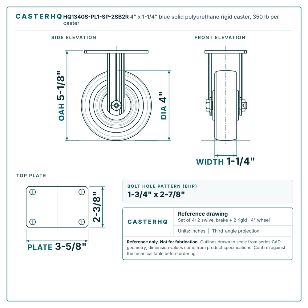 4" x 1-1/4" blue solid polyurethane rigid caster reference drawing, side, front and top plate views with dimensions