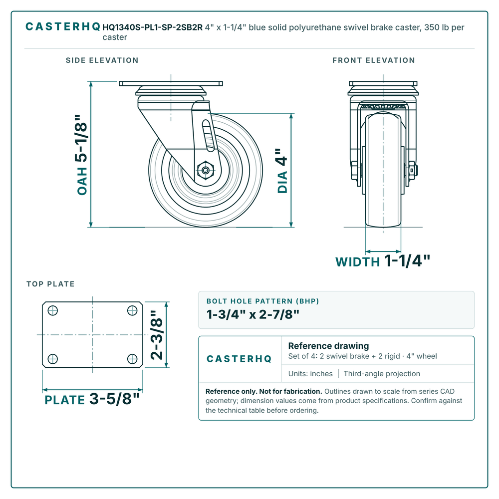 4" x 1-1/4" blue solid polyurethane swivel brake caster reference drawing, side, front and top plate views with dimensions