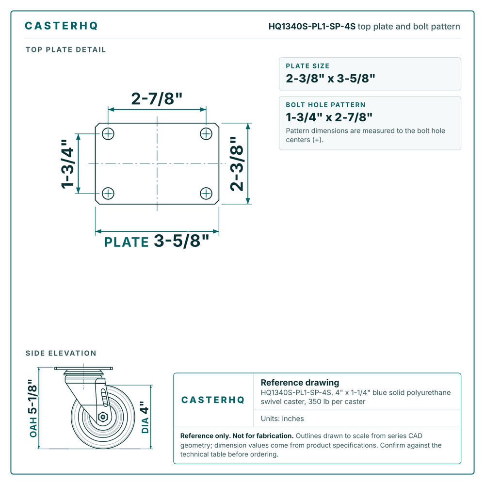 HQ1340S-PL1-SP-4S top plate bolt pattern drawing, 2-3/8 x 3-5/8 in plate