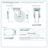 4" x 1-1/4" blue solid polyurethane swivel brake caster reference drawing, side, front and top plate views with dimensions
