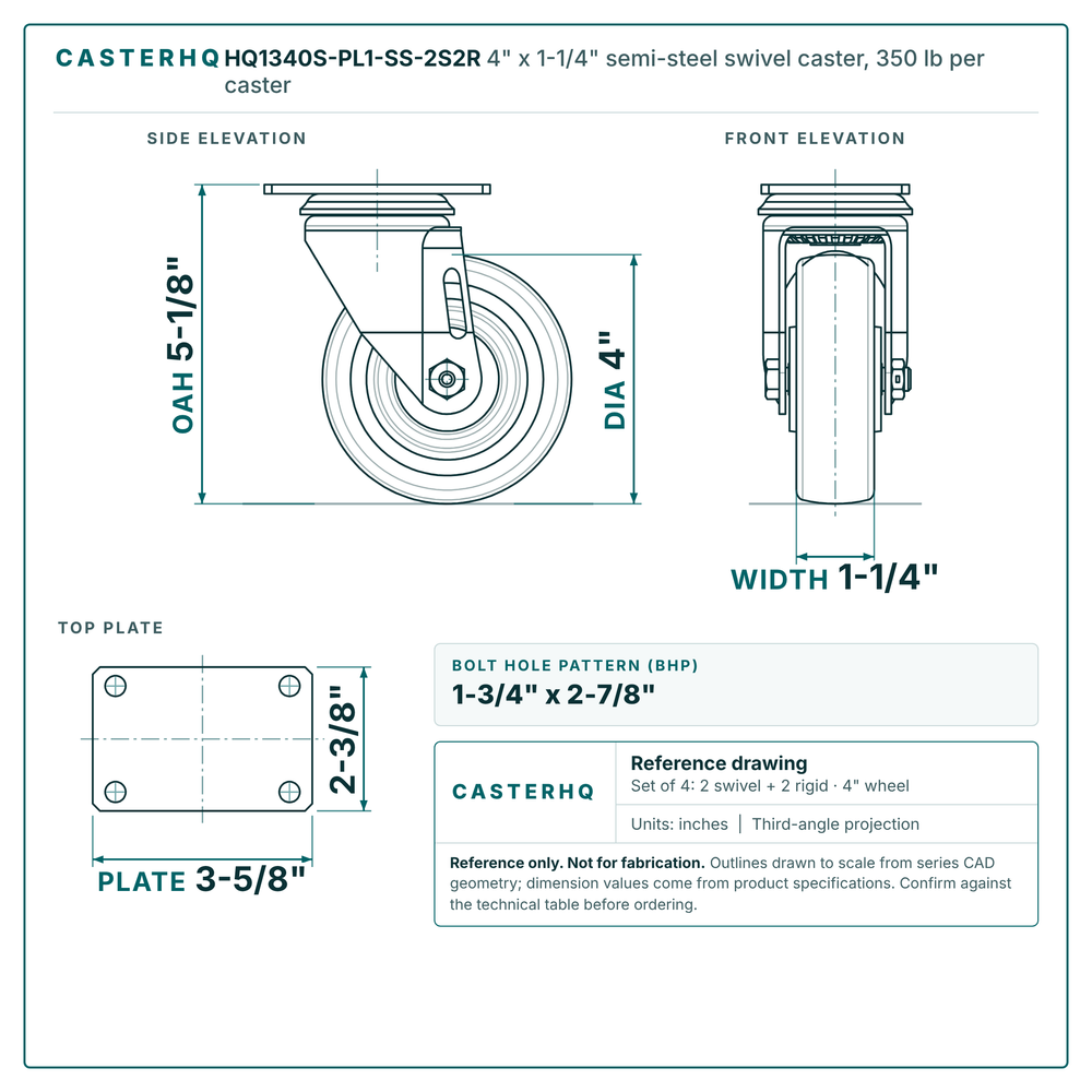 4" x 1-1/4" semi-steel swivel caster reference drawing, side, front and top plate views with dimensions