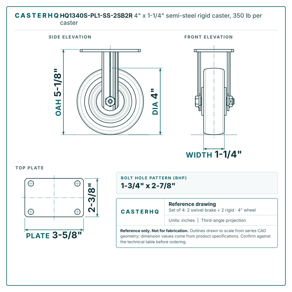 4" x 1-1/4" semi-steel rigid caster reference drawing, side, front and top plate views with dimensions