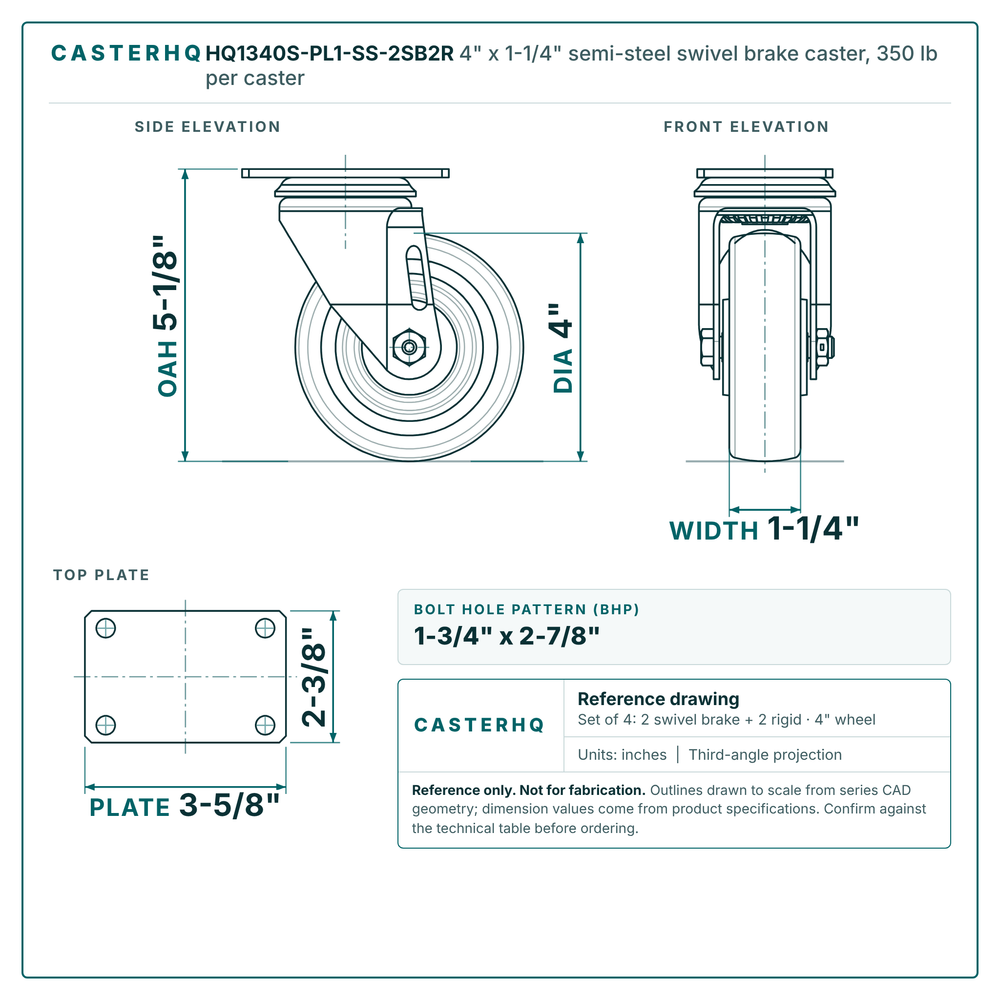 4" x 1-1/4" semi-steel swivel brake caster reference drawing, side, front and top plate views with dimensions