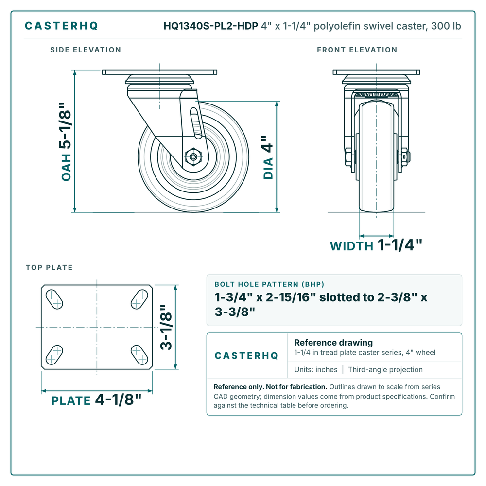 4" x 1-1/4" polyolefin swivel caster reference drawing, side, front and top plate views with dimensions