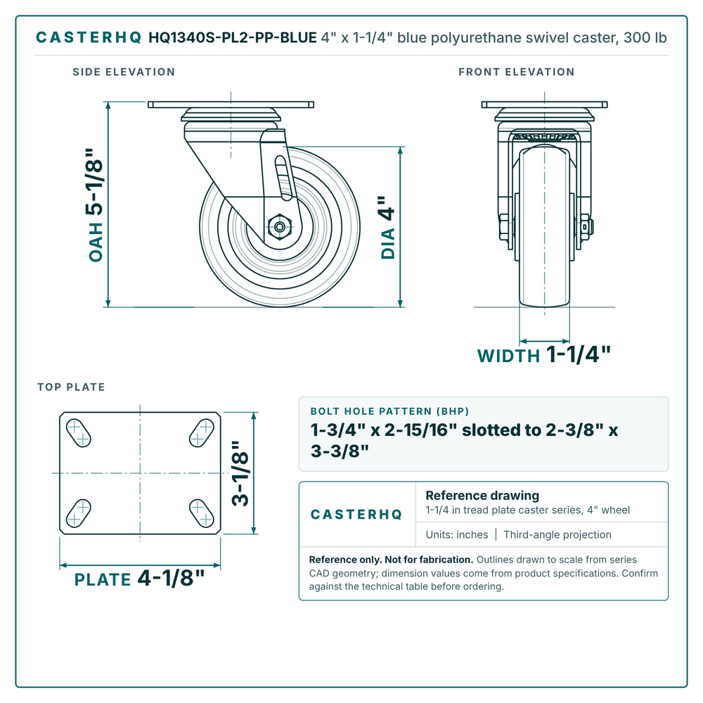HQ1340S-PL2-PP-BLUE 4 x 1-1/4 in blue polyurethane swivel caster reference drawing, side, front and top plate views with dimensions