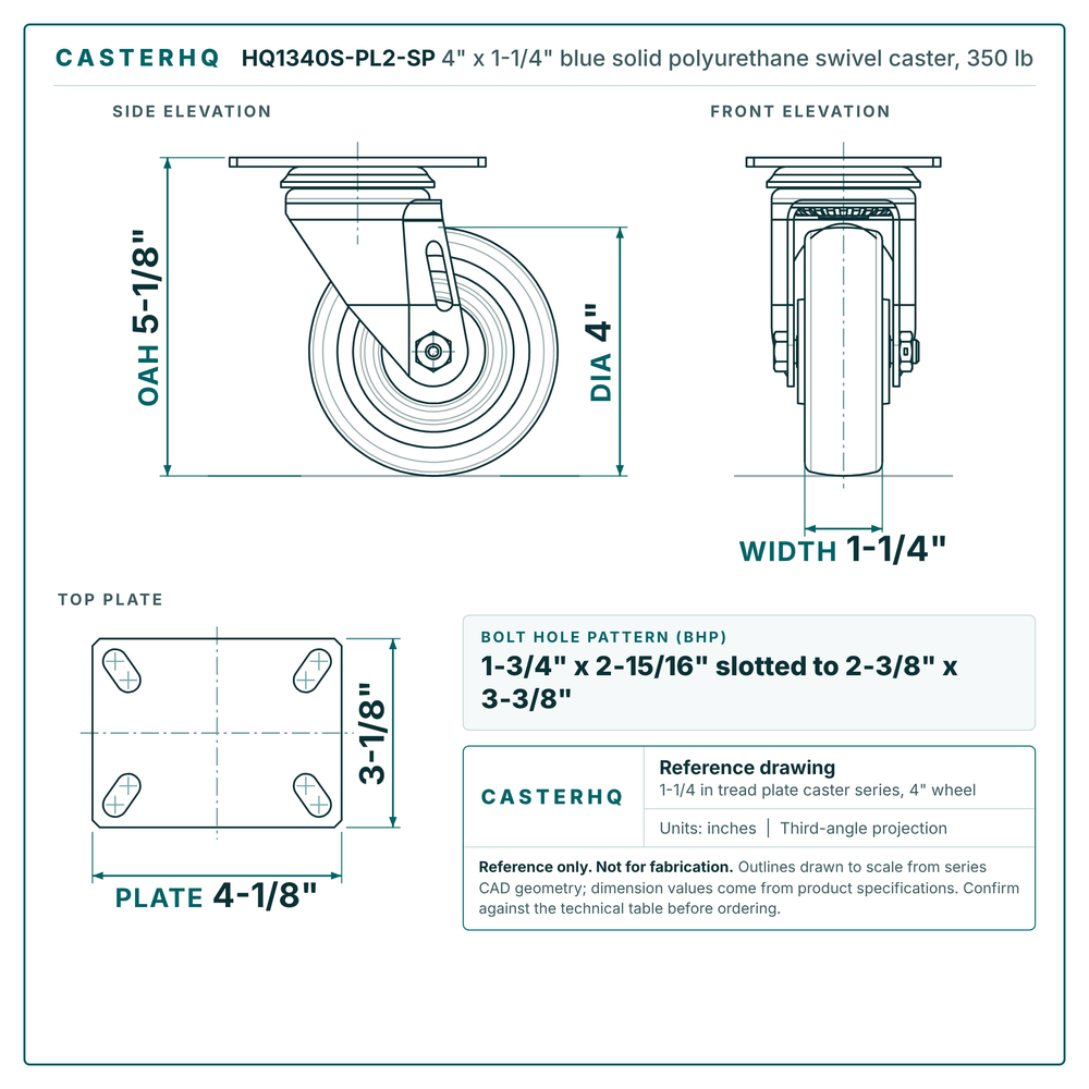 HQ1340S-PL2-SP 4 x 1-1/4 in blue solid polyurethane swivel caster reference drawing, side, front and top plate views with dimensions