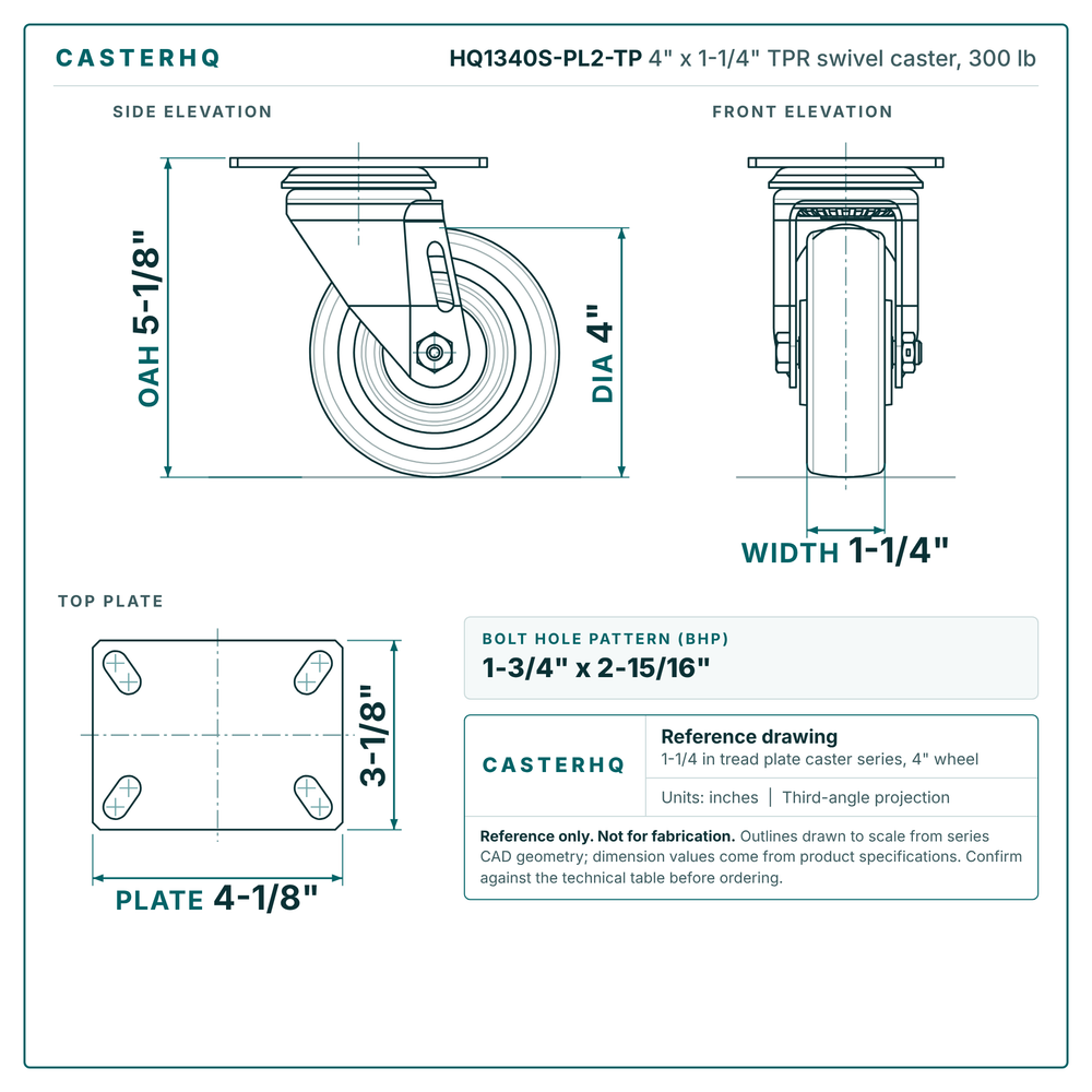 HQ1340S-PL2-TP 4 x 1-1/4 in TPR swivel caster reference drawing, side, front and top plate views with dimensions