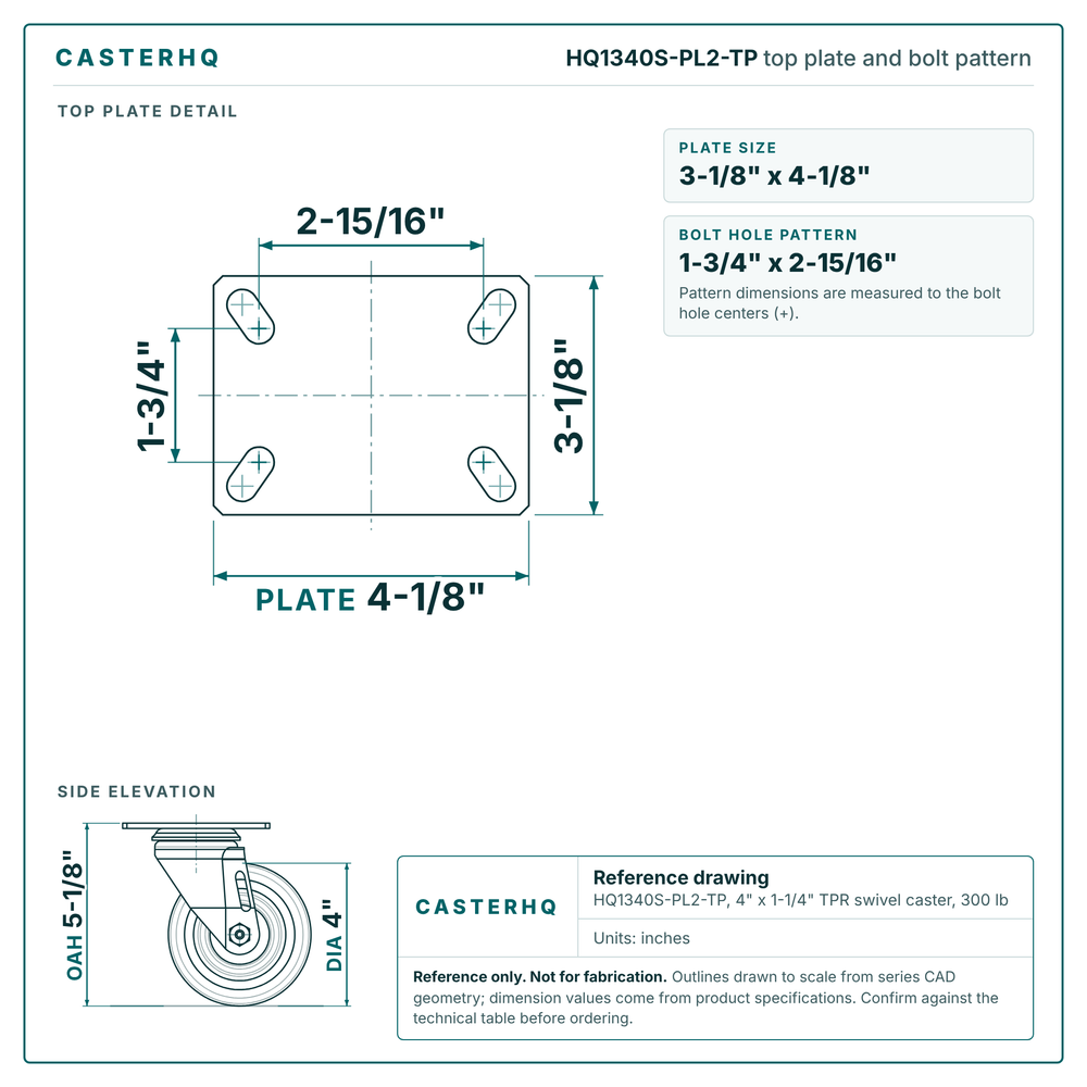 HQ1340S-PL2-TP top plate bolt pattern drawing, 3-1/8 x 4-1/8 in plate, round bolt holes