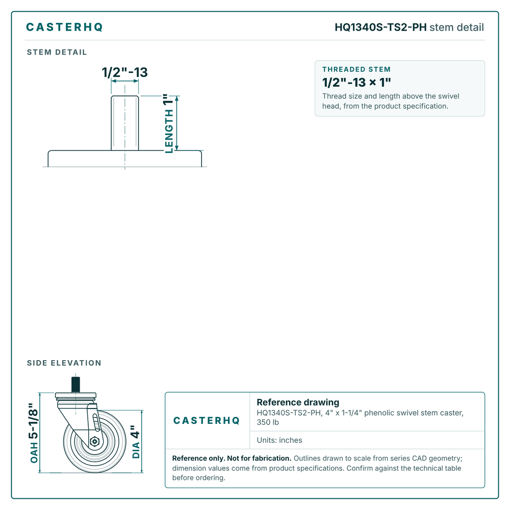 HQ1340S-TS2-PH stem detail drawing, threaded stem 1/2"-13 x 1"