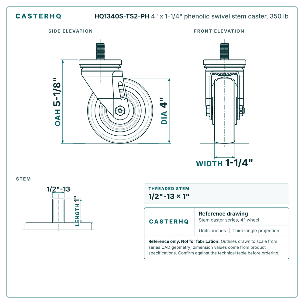 HQ1340S-TS2-PH 4" x 1-1/4" phenolic swivel stem caster, 350 lb reference drawing, 1/2"-13 x 1" threaded stem, side, front and stem views with dimensions
