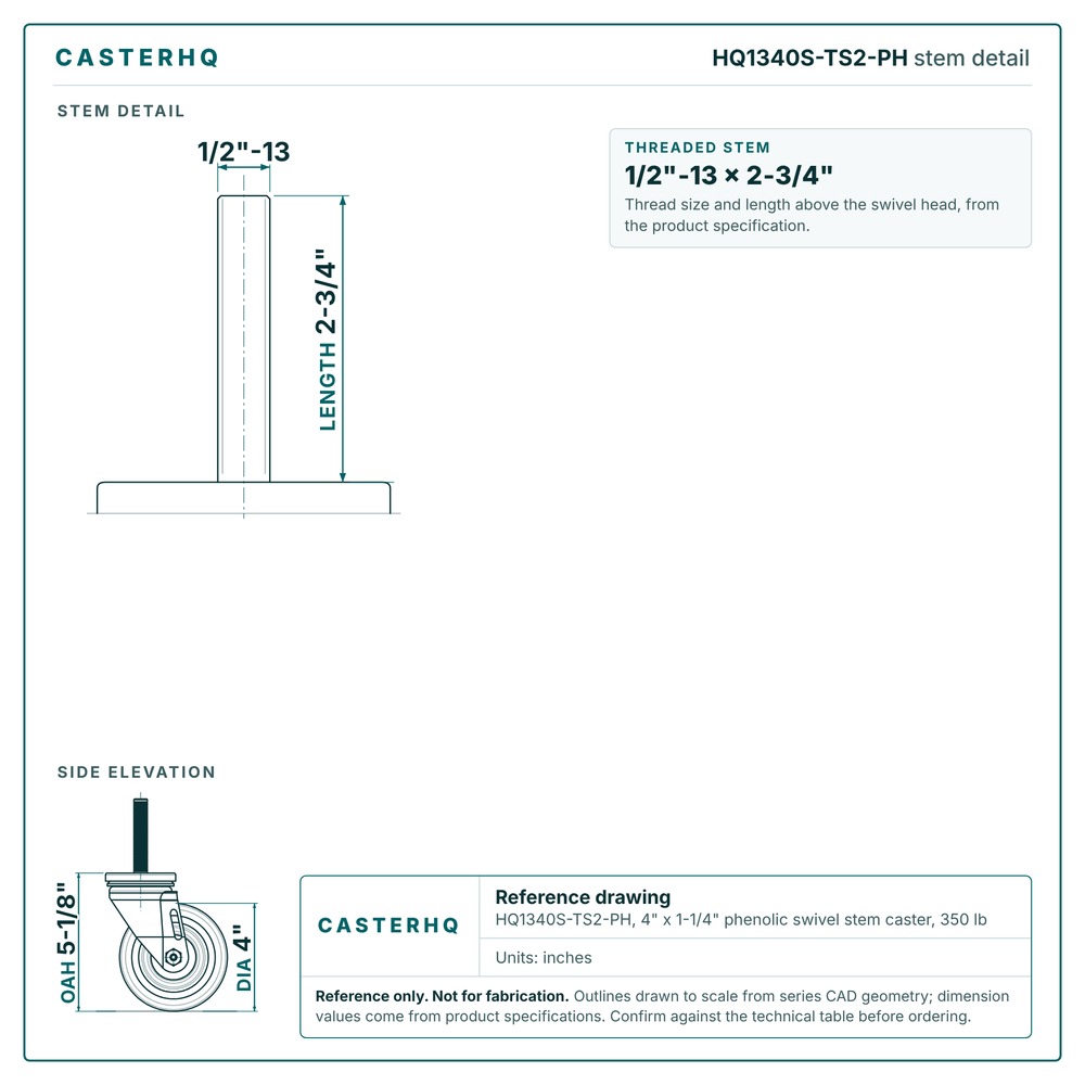 HQ1340S-TS2-PH stem detail drawing, threaded stem 1/2"-13 x 2-3/4"