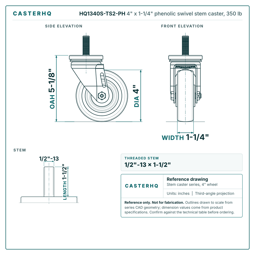 HQ1340S-TS2-PH 4" x 1-1/4" phenolic swivel stem caster, 350 lb reference drawing, side, front and stem views with dimensions