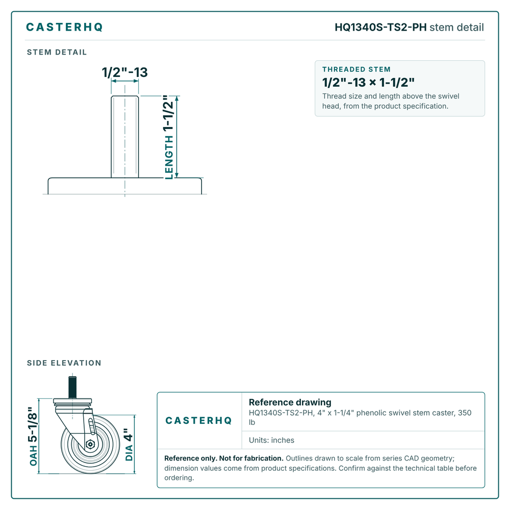 HQ1340S-TS2-PH stem detail drawing, threaded stem 1/2"-13 x 1-1/2"