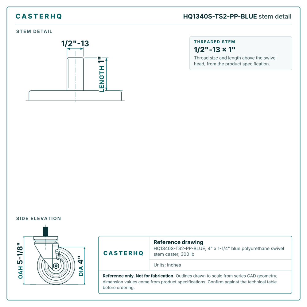 HQ1340S-TS2-PP-BLUE stem detail drawing, threaded stem 1/2"-13 x 1"