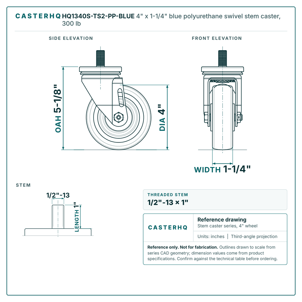 HQ1340S-TS2-PP-BLUE 4" x 1-1/4" blue polyurethane swivel stem caster, 300 lb reference drawing, 1/2"-13 x 1" threaded stem, side, front and stem views with dimensions