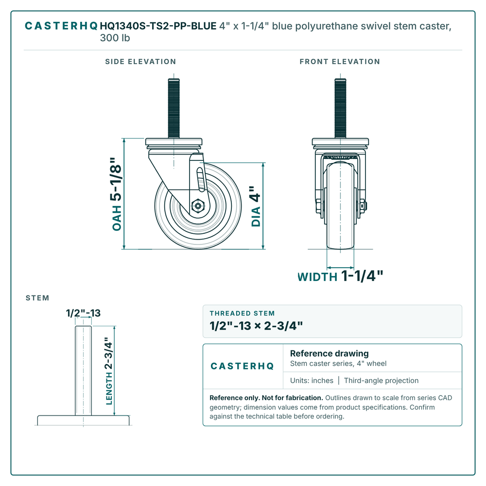 HQ1340S-TS2-PP-BLUE 4" x 1-1/4" blue polyurethane swivel stem caster, 300 lb reference drawing, 1/2"-13 x 2-3/4" threaded stem, side, front and stem views with dimensions