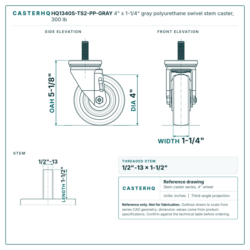 HQ1340S-TS2-PP-GRAY 4" x 1-1/4" gray polyurethane swivel stem caster, 300 lb reference drawing, side, front and stem views with dimensions