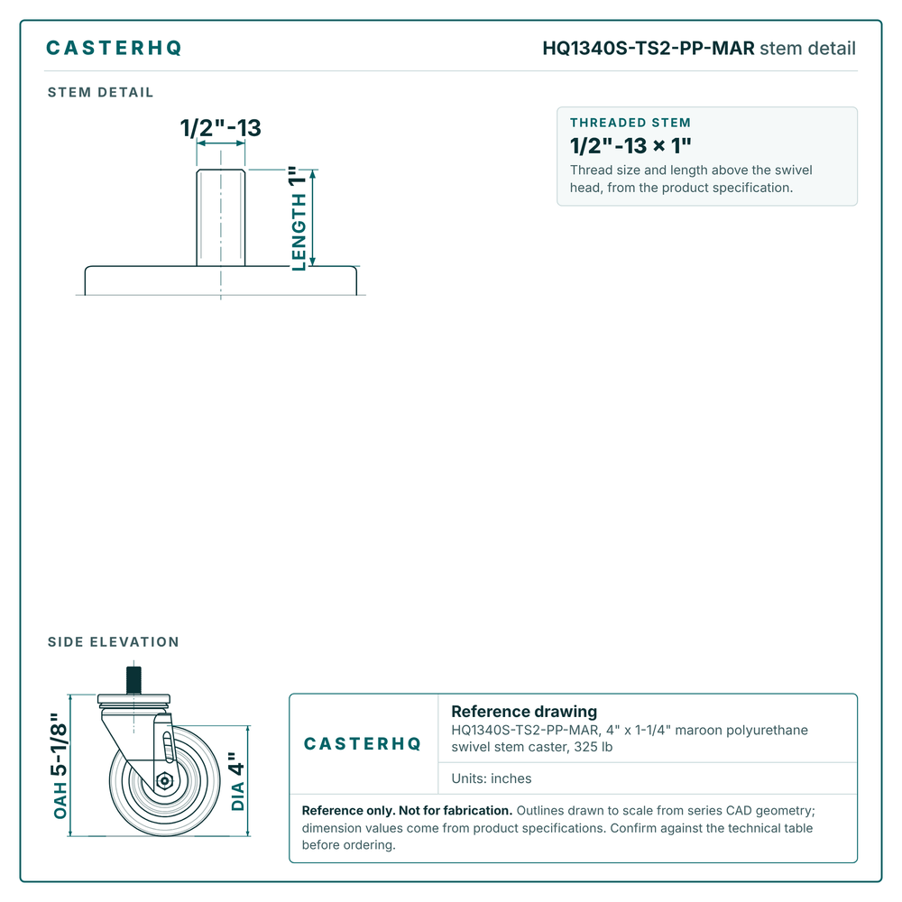HQ1340S-TS2-PP-MAR stem detail drawing, threaded stem 1/2"-13 x 1"