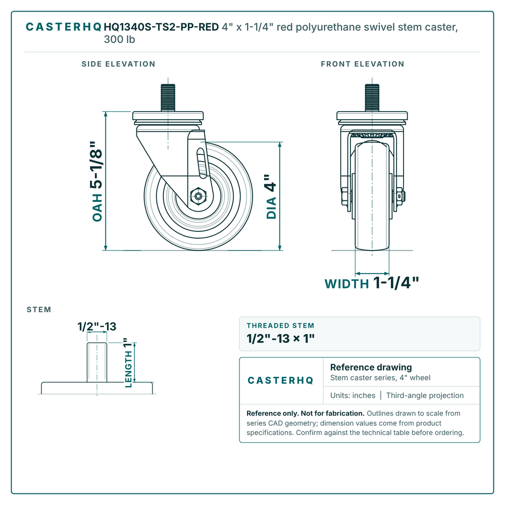 HQ1340S-TS2-PP-RED 4" x 1-1/4" red polyurethane swivel stem caster, 300 lb reference drawing, 1/2"-13 x 1" threaded stem, side, front and stem views with dimensions
