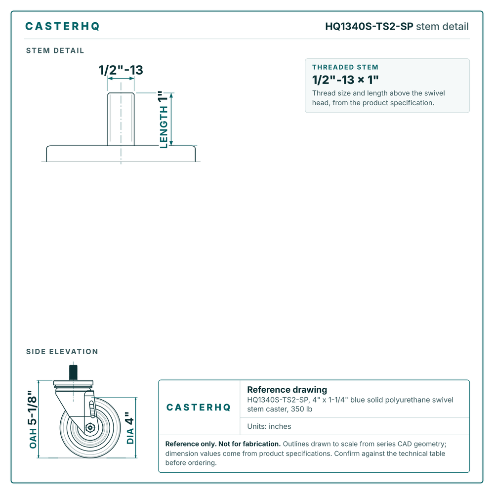 HQ1340S-TS2-SP stem detail drawing, threaded stem 1/2"-13 x 1"