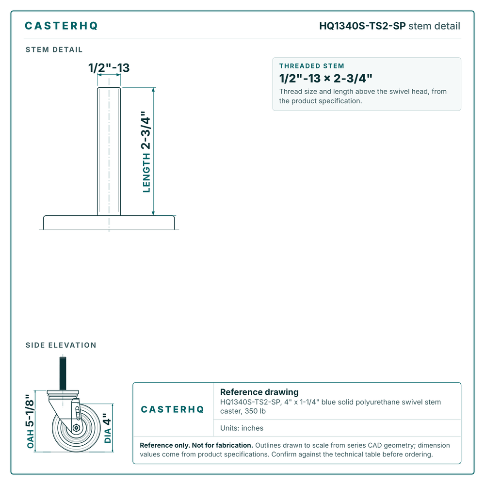 HQ1340S-TS2-SP stem detail drawing, threaded stem 1/2"-13 x 2-3/4"