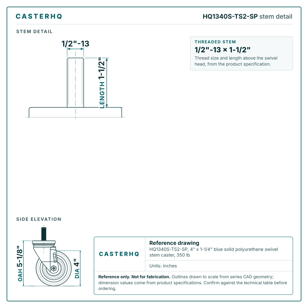 HQ1340S-TS2-SP stem detail drawing, threaded stem 1/2"-13 x 1-1/2"
