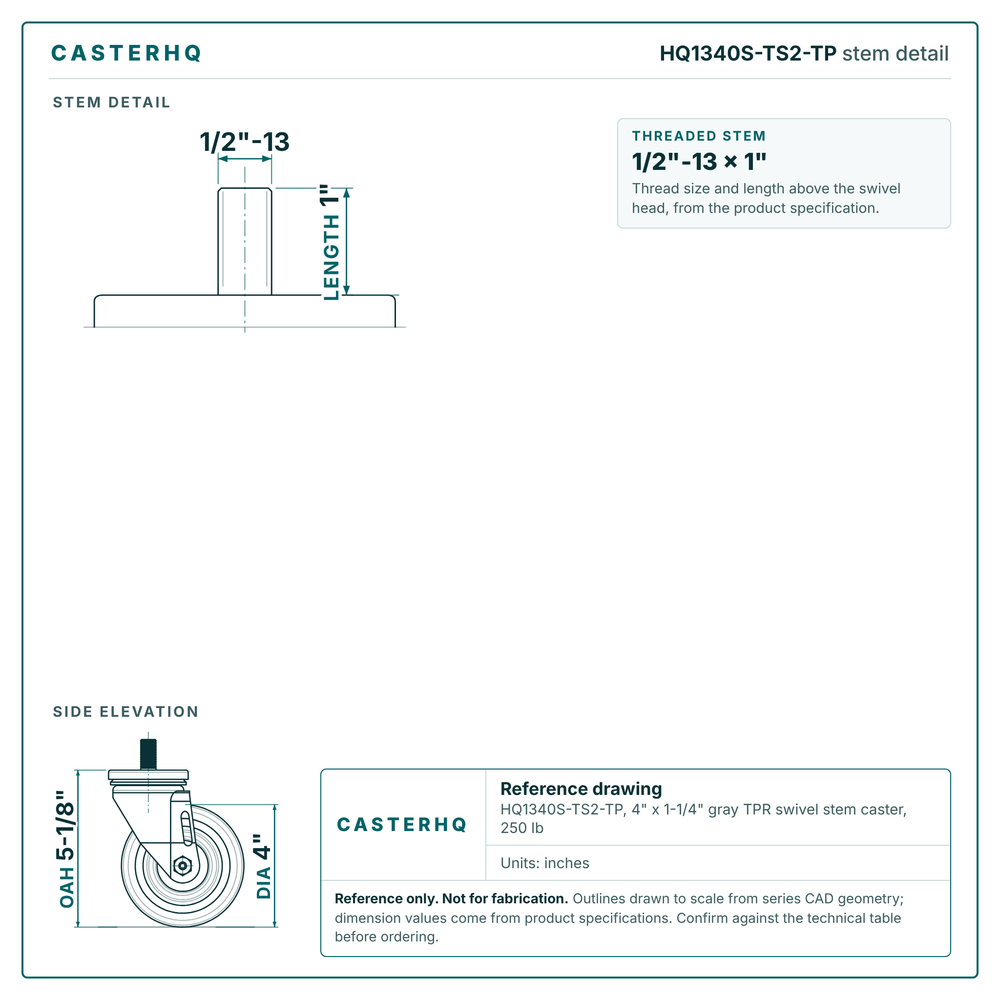 HQ1340S-TS2-TP stem detail drawing, threaded stem 1/2"-13 x 1"