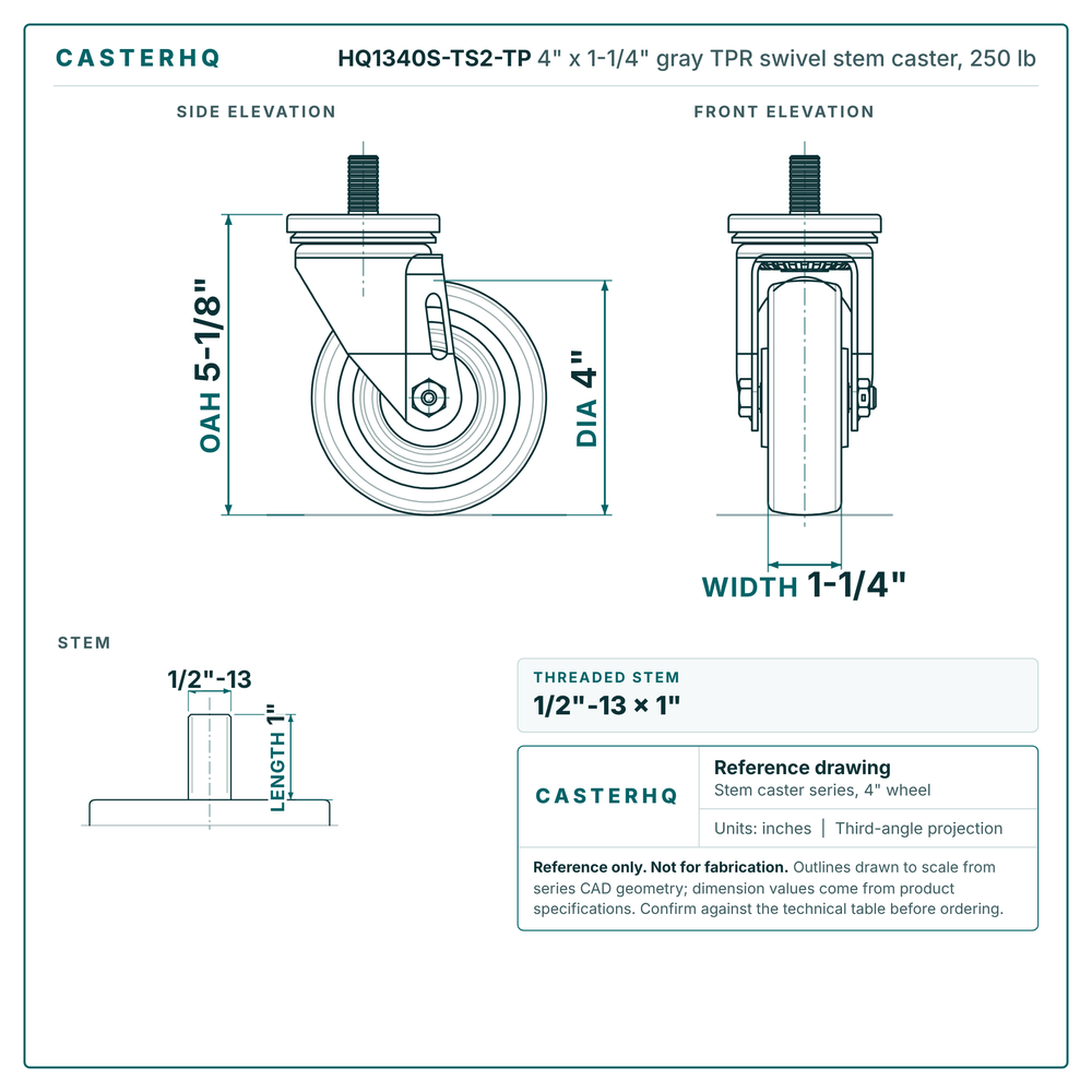 HQ1340S-TS2-TP 4" x 1-1/4" gray TPR swivel stem caster, 250 lb reference drawing, 1/2"-13 x 1" threaded stem, side, front and stem views with dimensions