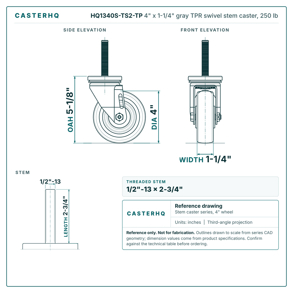 HQ1340S-TS2-TP 4" x 1-1/4" gray TPR swivel stem caster, 250 lb reference drawing, 1/2"-13 x 2-3/4" threaded stem, side, front and stem views with dimensions