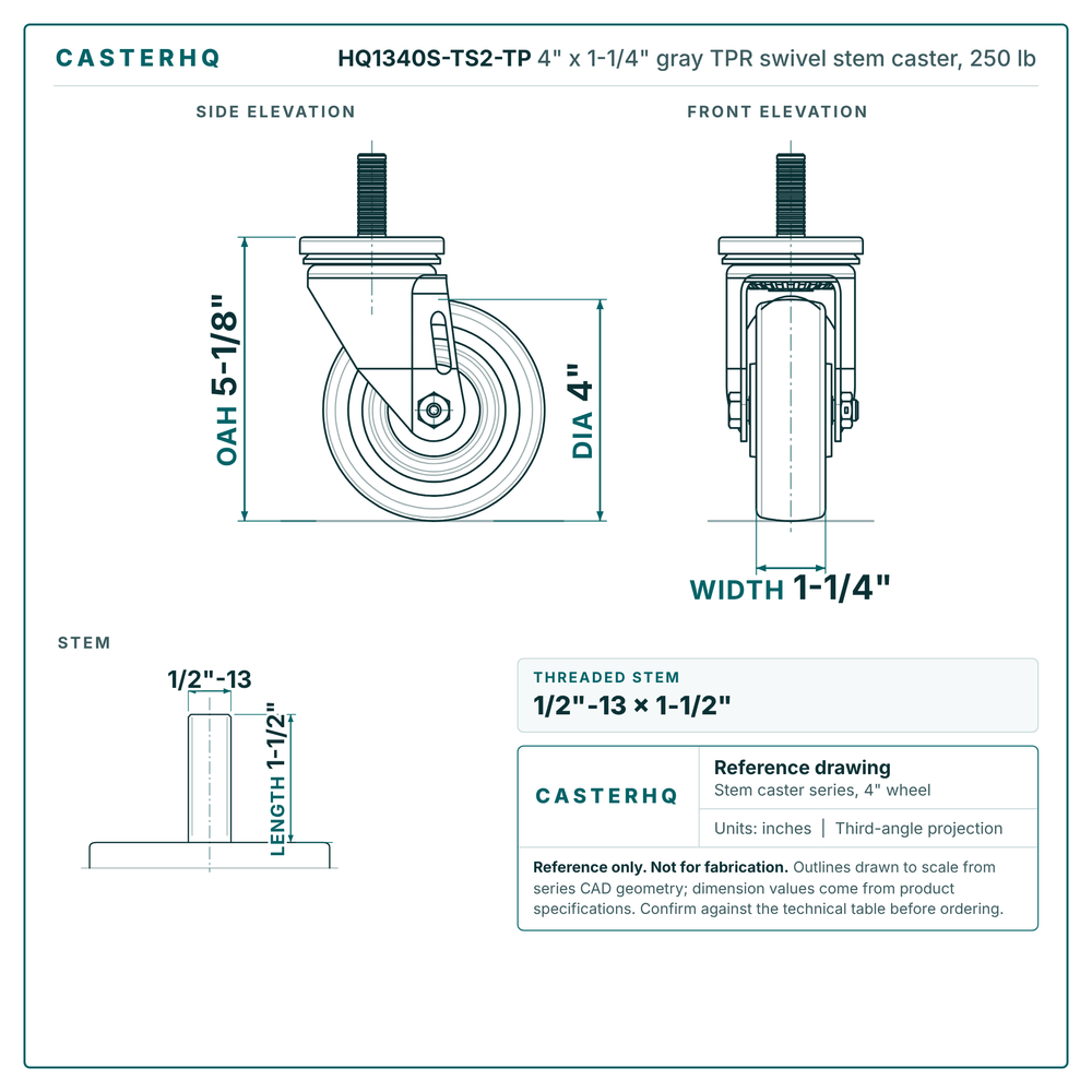 HQ1340S-TS2-TP 4" x 1-1/4" gray TPR swivel stem caster, 250 lb reference drawing, side, front and stem views with dimensions