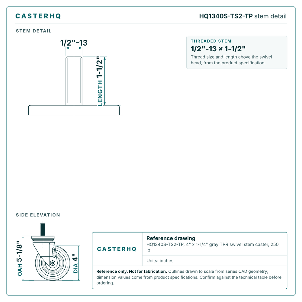 HQ1340S-TS2-TP stem detail drawing, threaded stem 1/2"-13 x 1-1/2"