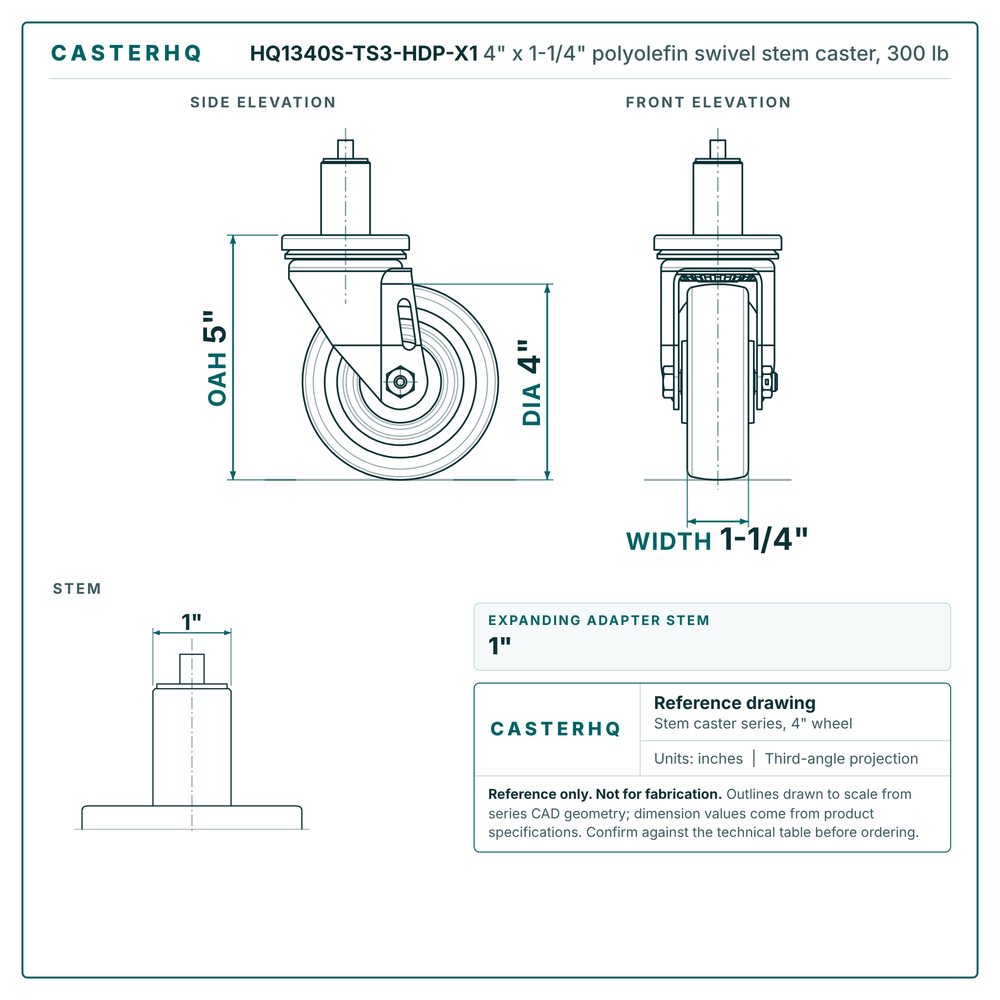 HQ1340S-TS3-HDP-X1 4" x 1-1/4" polyolefin swivel stem caster, 300 lb reference drawing, side, front and stem views with dimensions