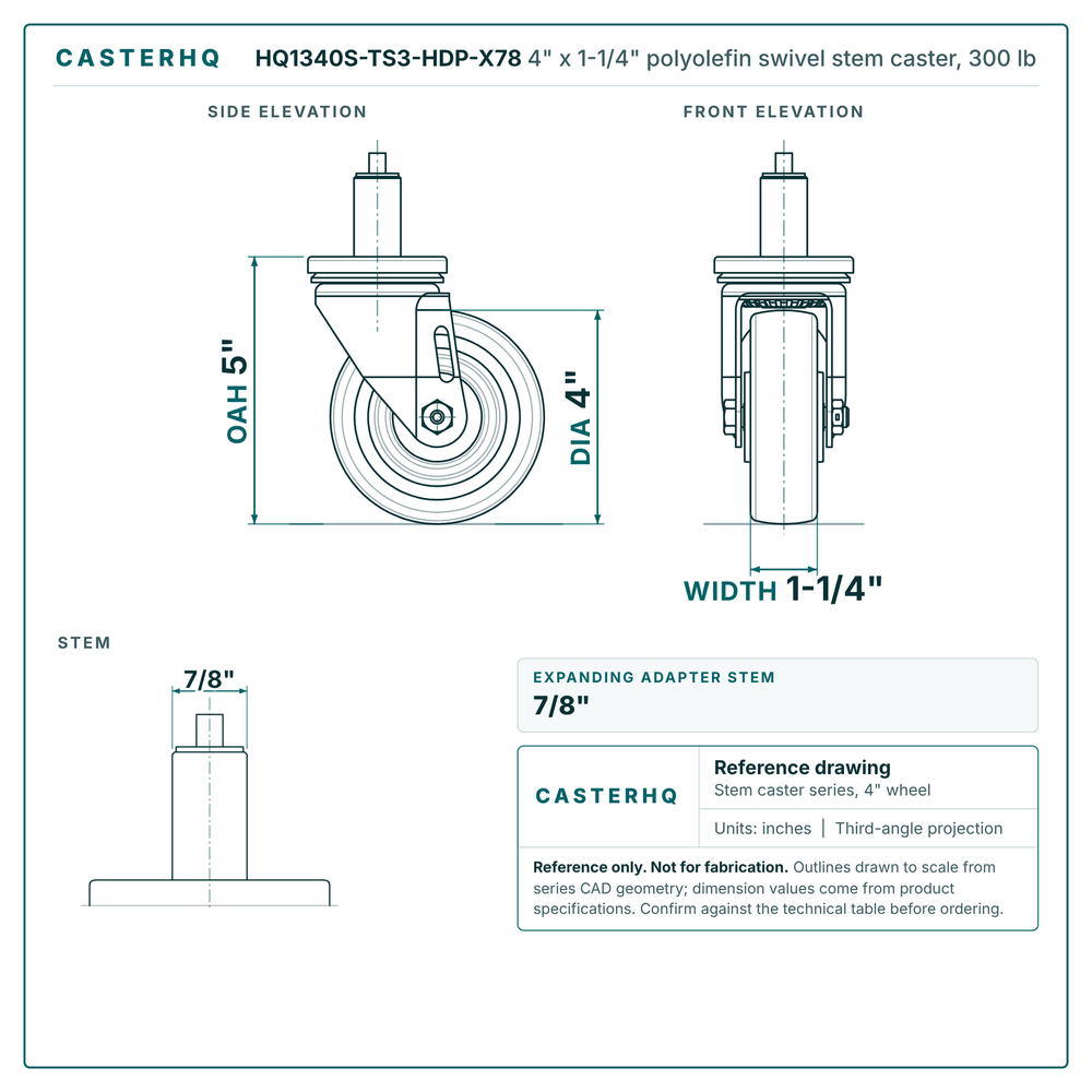 HQ1340S-TS3-HDP-X78 4" x 1-1/4" polyolefin swivel stem caster, 300 lb reference drawing, side, front and stem views with dimensions