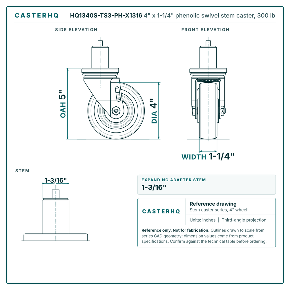 HQ1340S-TS3-PH-X1316 4" x 1-1/4" phenolic swivel stem caster, 300 lb reference drawing, side, front and stem views with dimensions