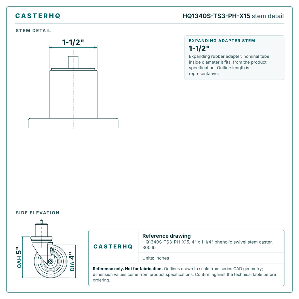 HQ1340S-TS3-PH-X15 stem detail drawing, expanding adapter stem 1-1/2"