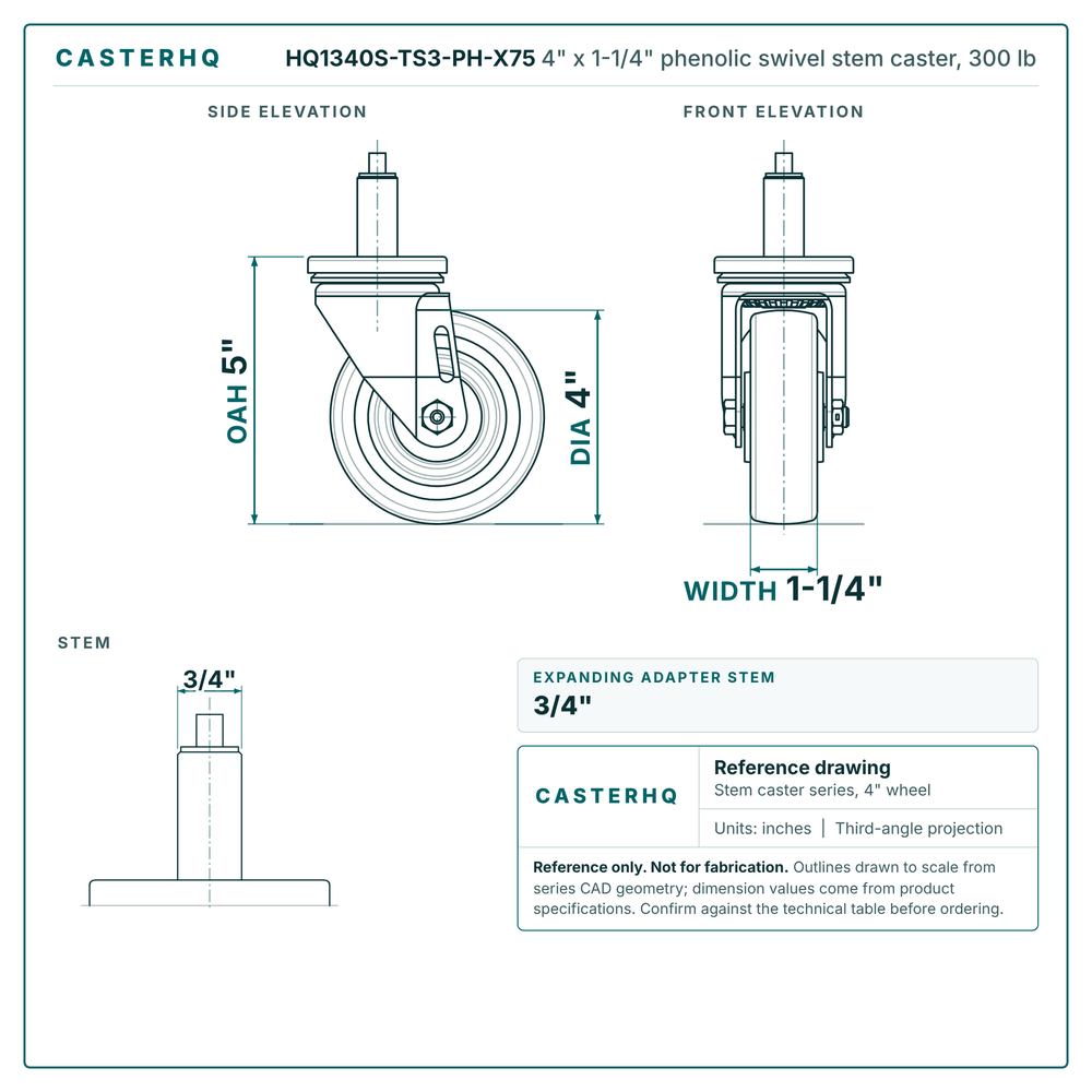 HQ1340S-TS3-PH-X75 4" x 1-1/4" phenolic swivel stem caster, 300 lb reference drawing, side, front and stem views with dimensions