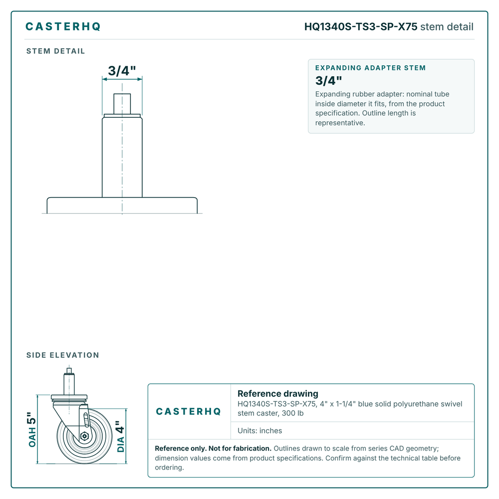 HQ1340S-TS3-SP-X75 stem detail drawing, expanding adapter stem 3/4"