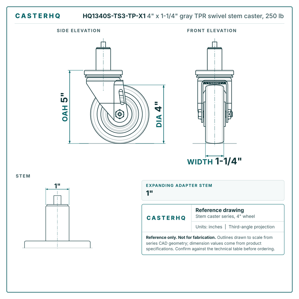 HQ1340S-TS3-TP-X1 4" x 1-1/4" gray TPR swivel stem caster, 250 lb reference drawing, side, front and stem views with dimensions