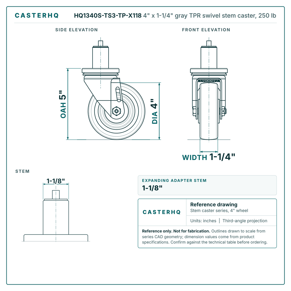 HQ1340S-TS3-TP-X118 4" x 1-1/4" gray TPR swivel stem caster, 250 lb reference drawing, side, front and stem views with dimensions