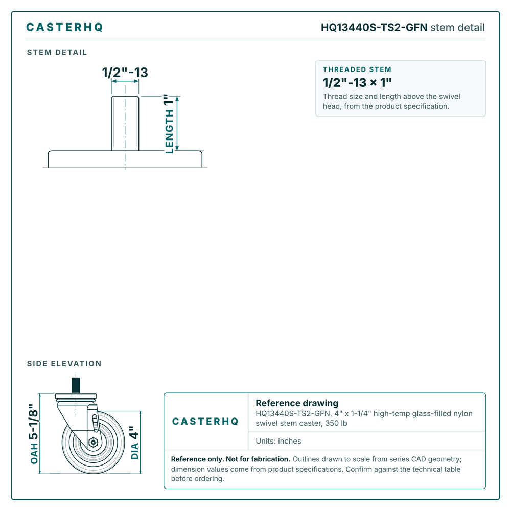 HQ13440S-TS2-GFN stem detail drawing, threaded stem 1/2"-13 x 1"