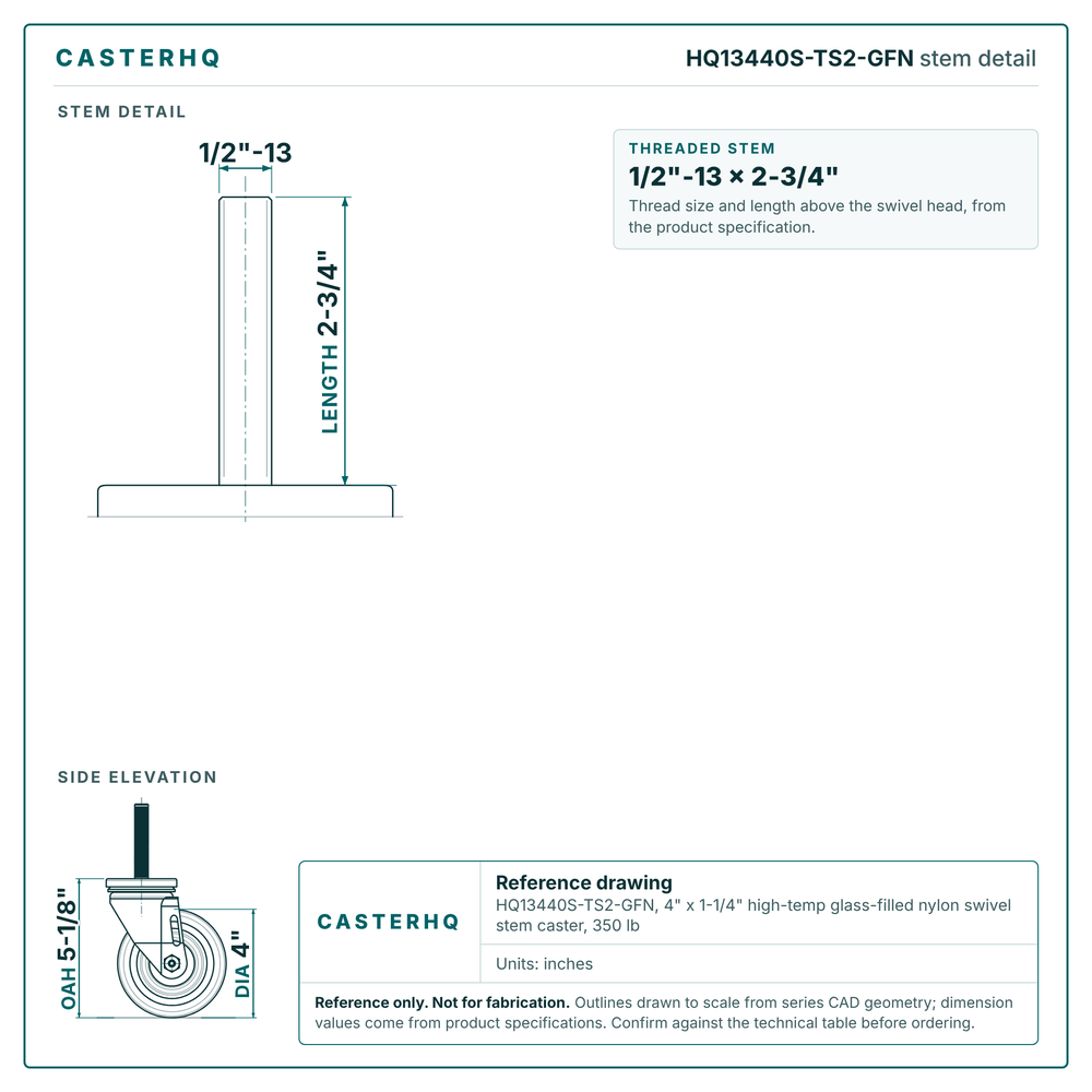 HQ13440S-TS2-GFN stem detail drawing, threaded stem 1/2"-13 x 2-3/4"