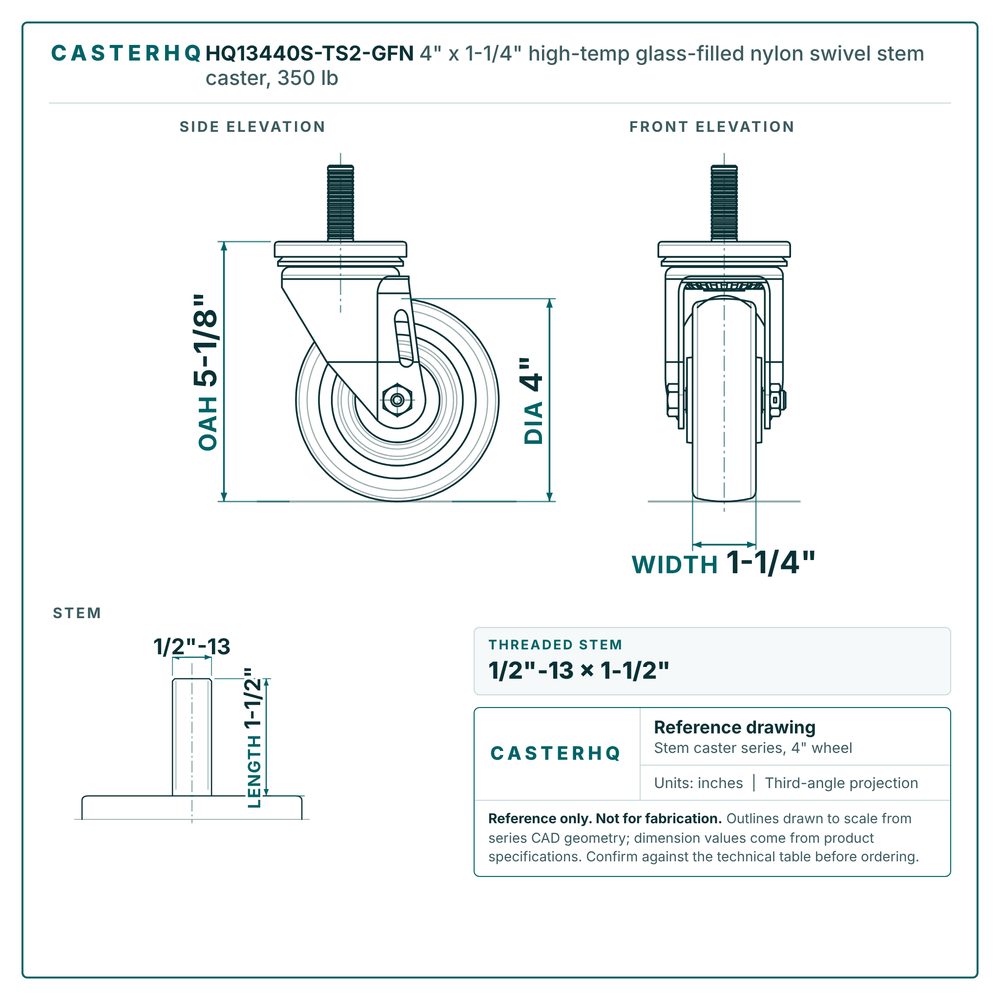 HQ13440S-TS2-GFN 4" x 1-1/4" high-temp glass-filled nylon swivel stem caster, 350 lb reference drawing, side, front and stem views with dimensions