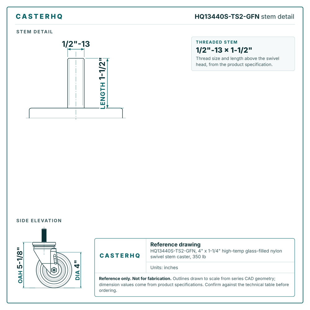 HQ13440S-TS2-GFN stem detail drawing, threaded stem 1/2"-13 x 1-1/2"