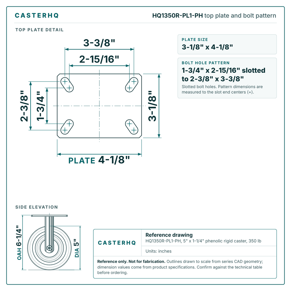 Top plate bolt pattern drawing, 3-1/8 x 4-1/8 in plate, 1-3/4 x 2-15/16 in slotted to 2-3/8 x 3-3/8 in, slotted bolt holes