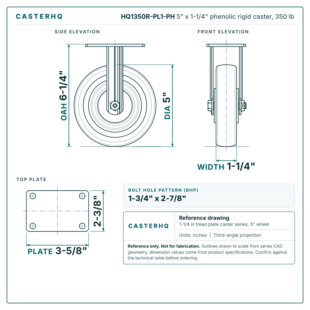 HQ1350R-PL1-PH 5 x 1-1/4 in phenolic rigid caster reference drawing, side, front and top plate views with dimensions