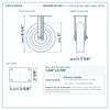 HQ1350R-PL1-PH 5 x 1-1/4 in phenolic rigid caster reference drawing, side, front and top plate views with dimensions