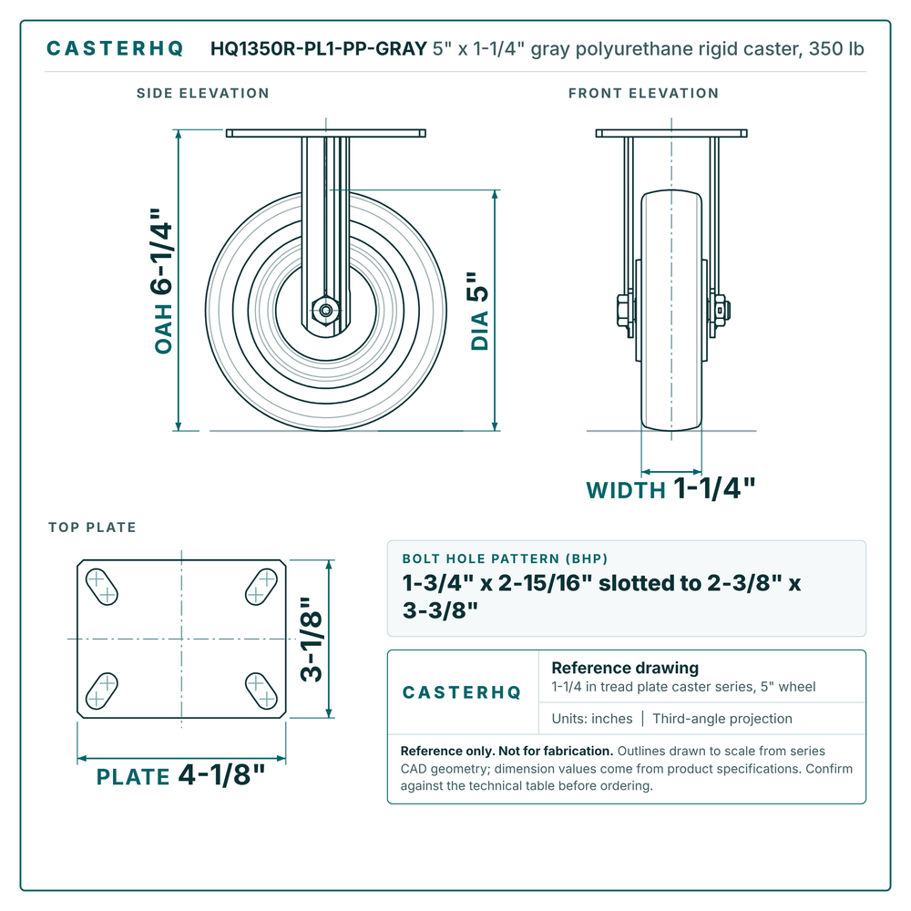 5 x 1-1/4 in gray polyurethane rigid caster reference drawing, 3-1/8 x 4-1/8 in top plate, side, front and top plate views with dimensions